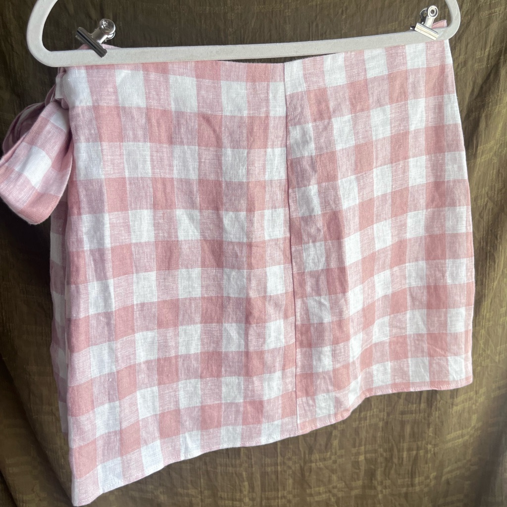 Reformation Linen Pink And White Gingham Wrap Mini Skirt